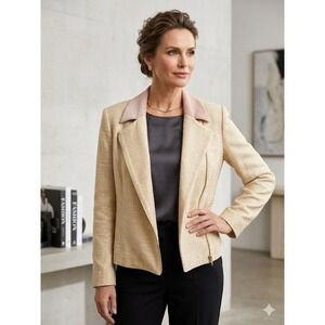 St. John Cream Metallic Knit Moto Jacket Pink‎ Contrast Collar Gold Zip Blazer